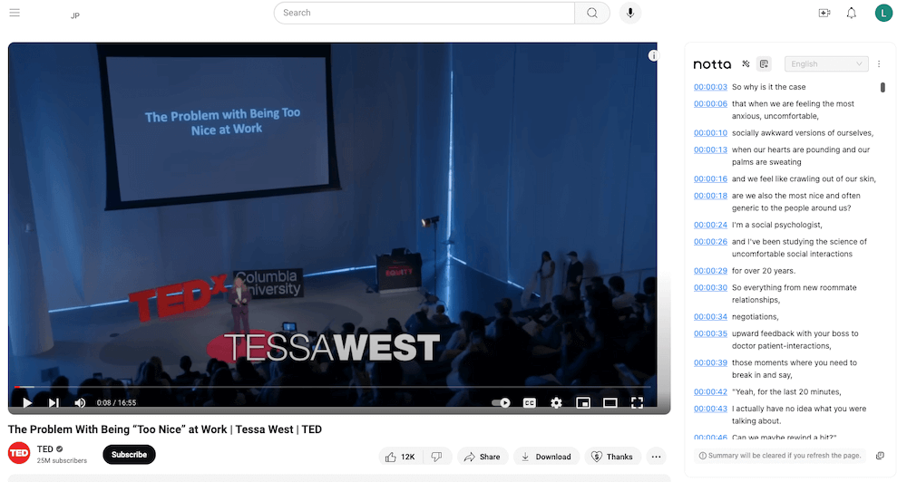 Interface of Notta - the best tool for YouTube audio to text transcription