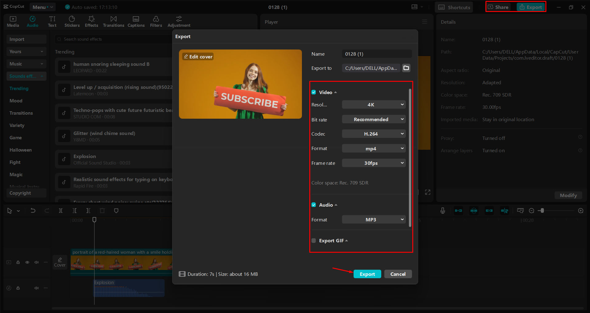 Export videa z editoru videa pro stolní počítače CapCut