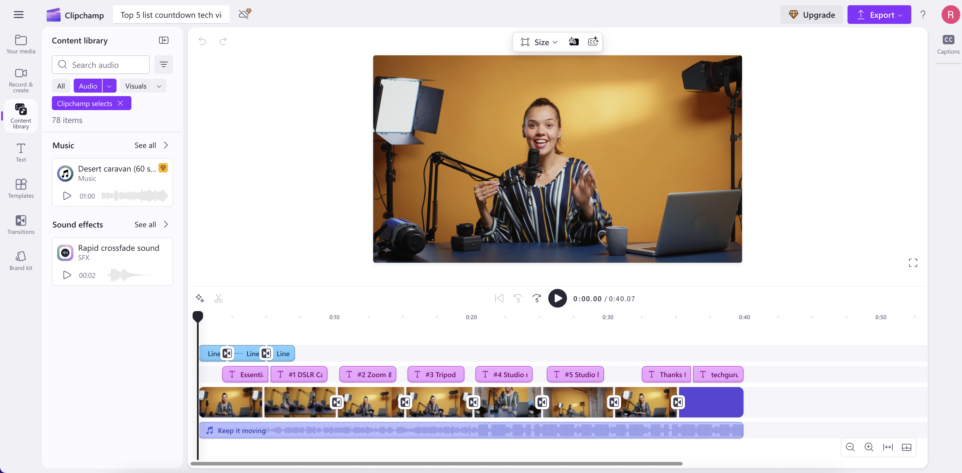 Interfaz de video de demostración de Clipchamp