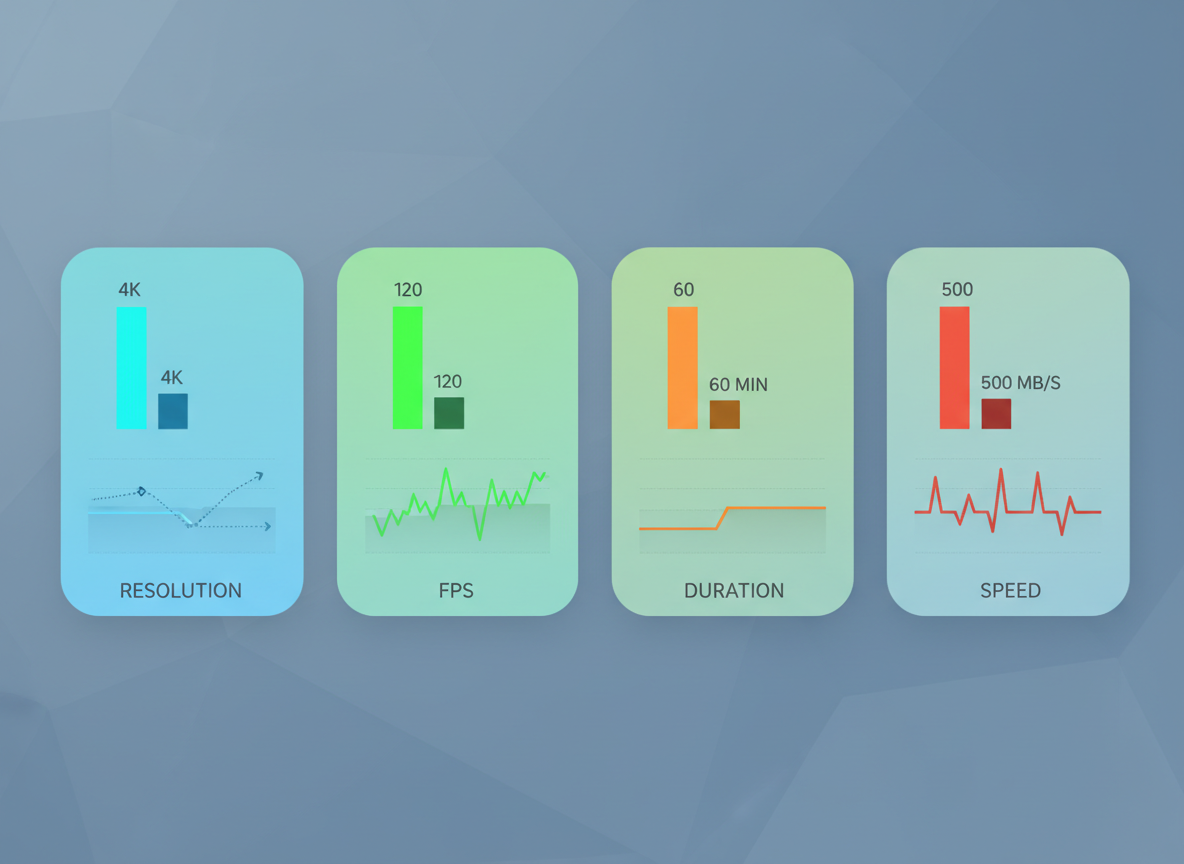 Gráfico gráfico de métricas: pictogramas comparativos para resolución, fps, duración y velocidad de generación.