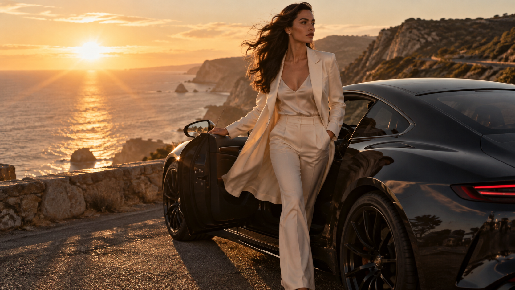 a safe luxury campaign sequence using low sun, controlled walking, vehicles or architecture, and one purposeful camera move