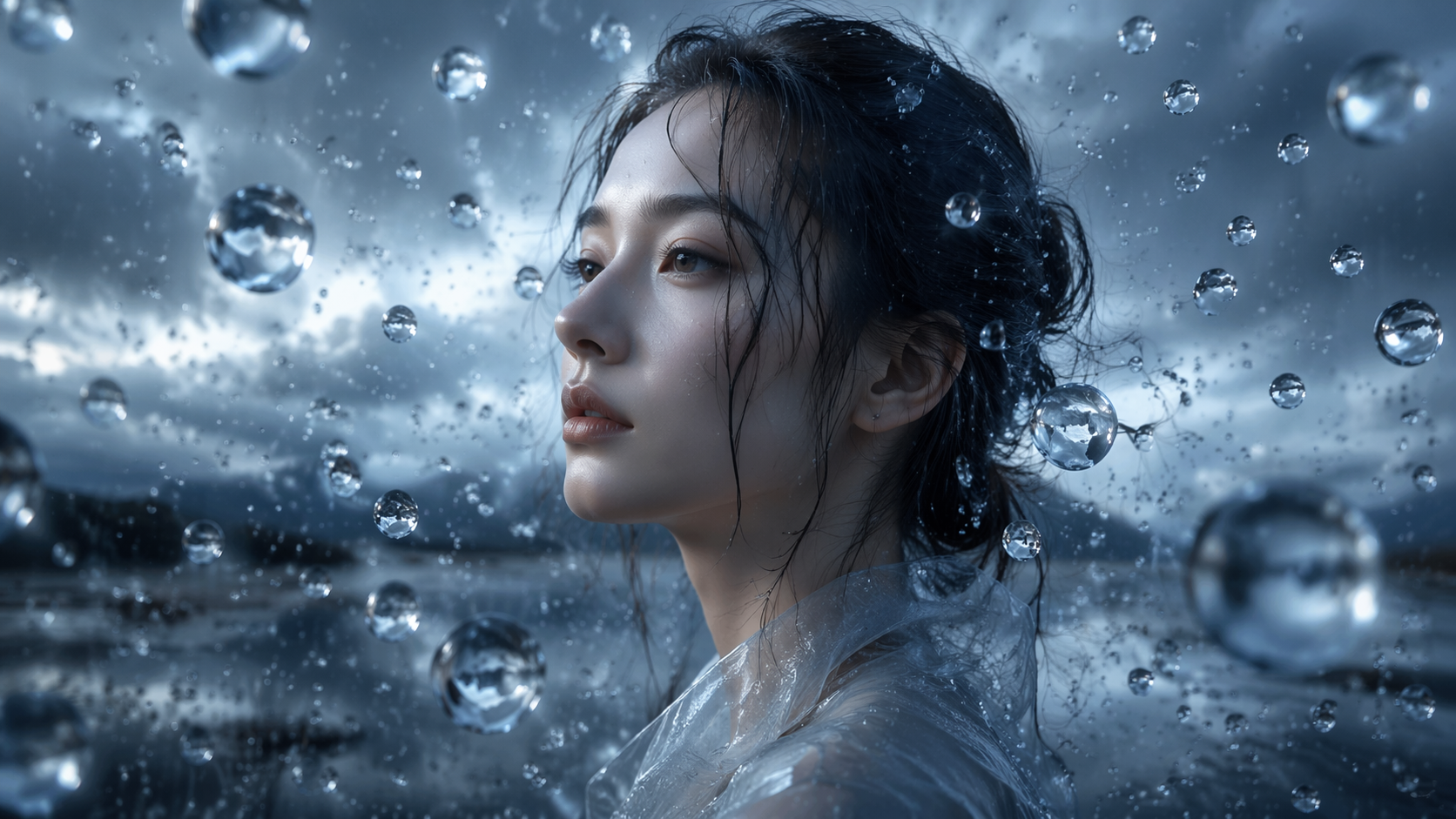 Dreamina prompt seen rain prompt example 6: Soft Storm Portrait