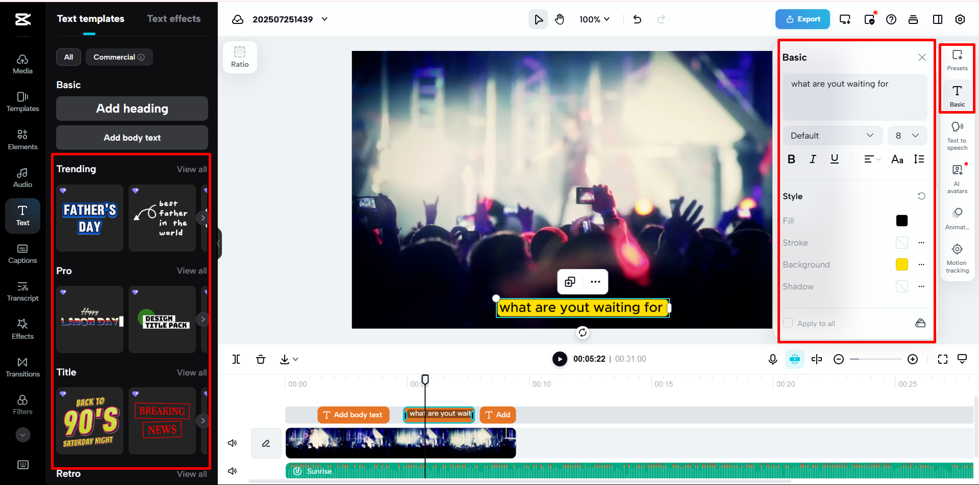Strumento di base nell'editor video online di CapCut