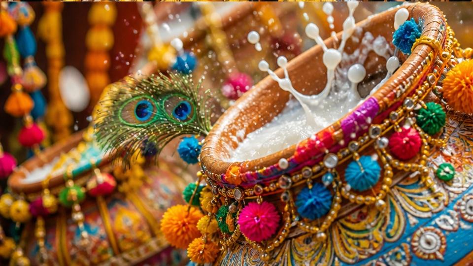 Dahi Handi AI Image Prompts — a colorful close-up of the decorated clay pot