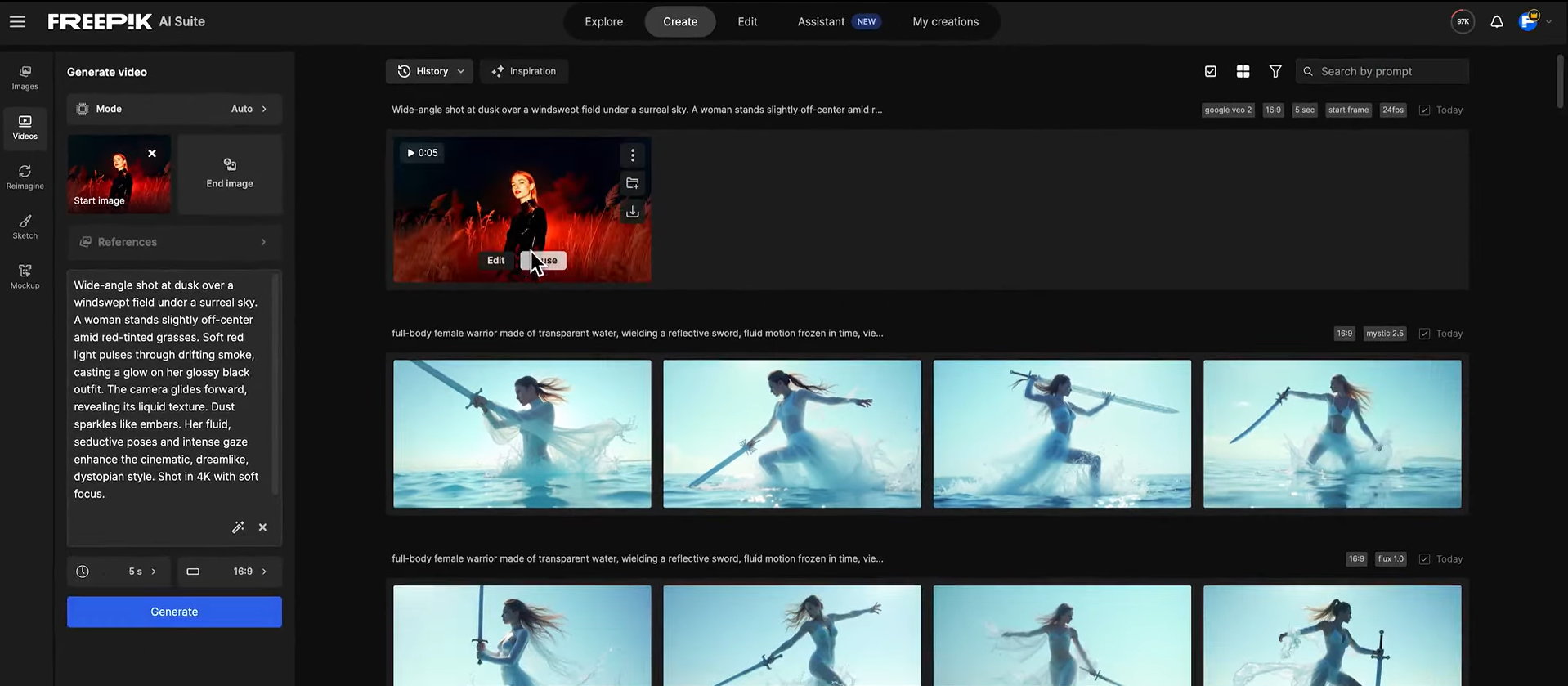 Generating a video with the Freepik AI video generator