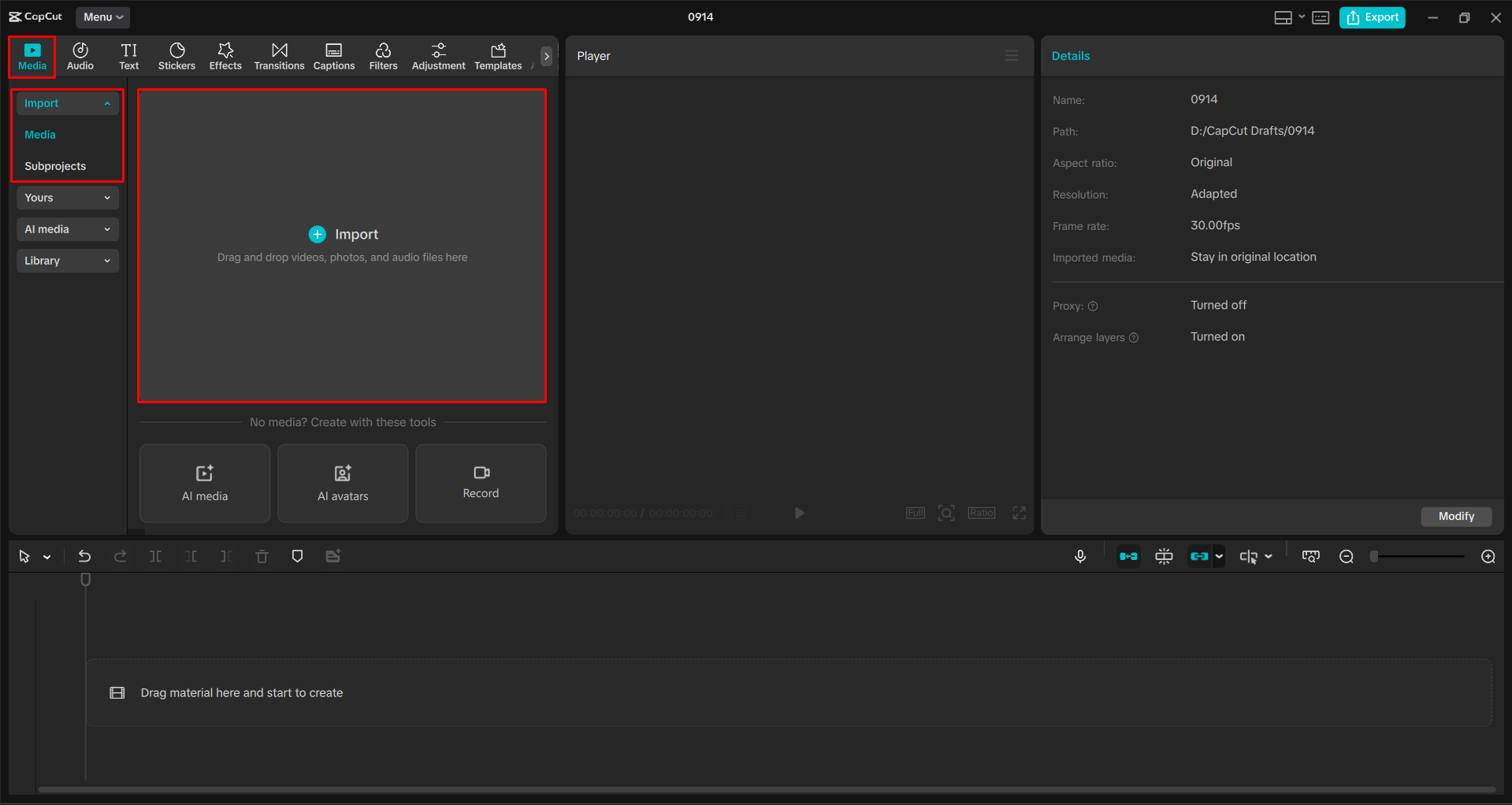 Importazione di un video nell' CapCut editor video desktop
