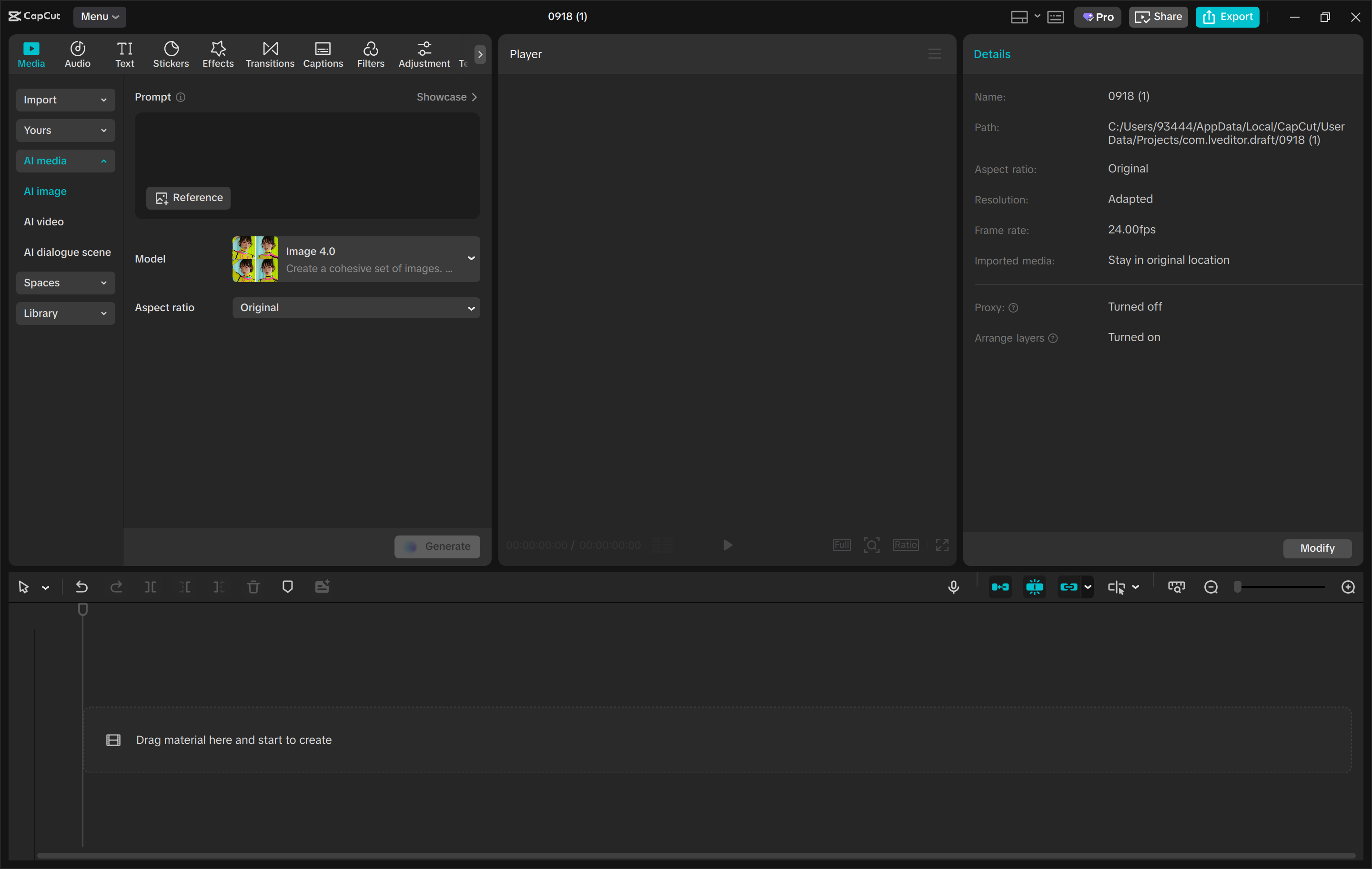 Deschiderea unui generator de imagini AI în editorul video CapCut desktop