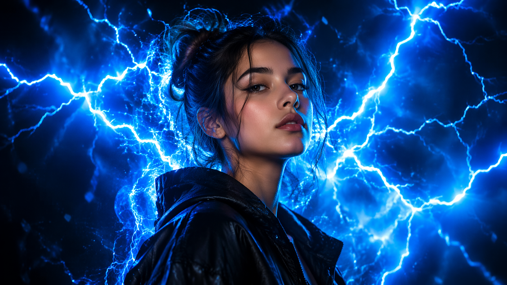 Dreamina lägg till blixt i fotoprompt exempel 3: Elektrisk porträttbakgrund