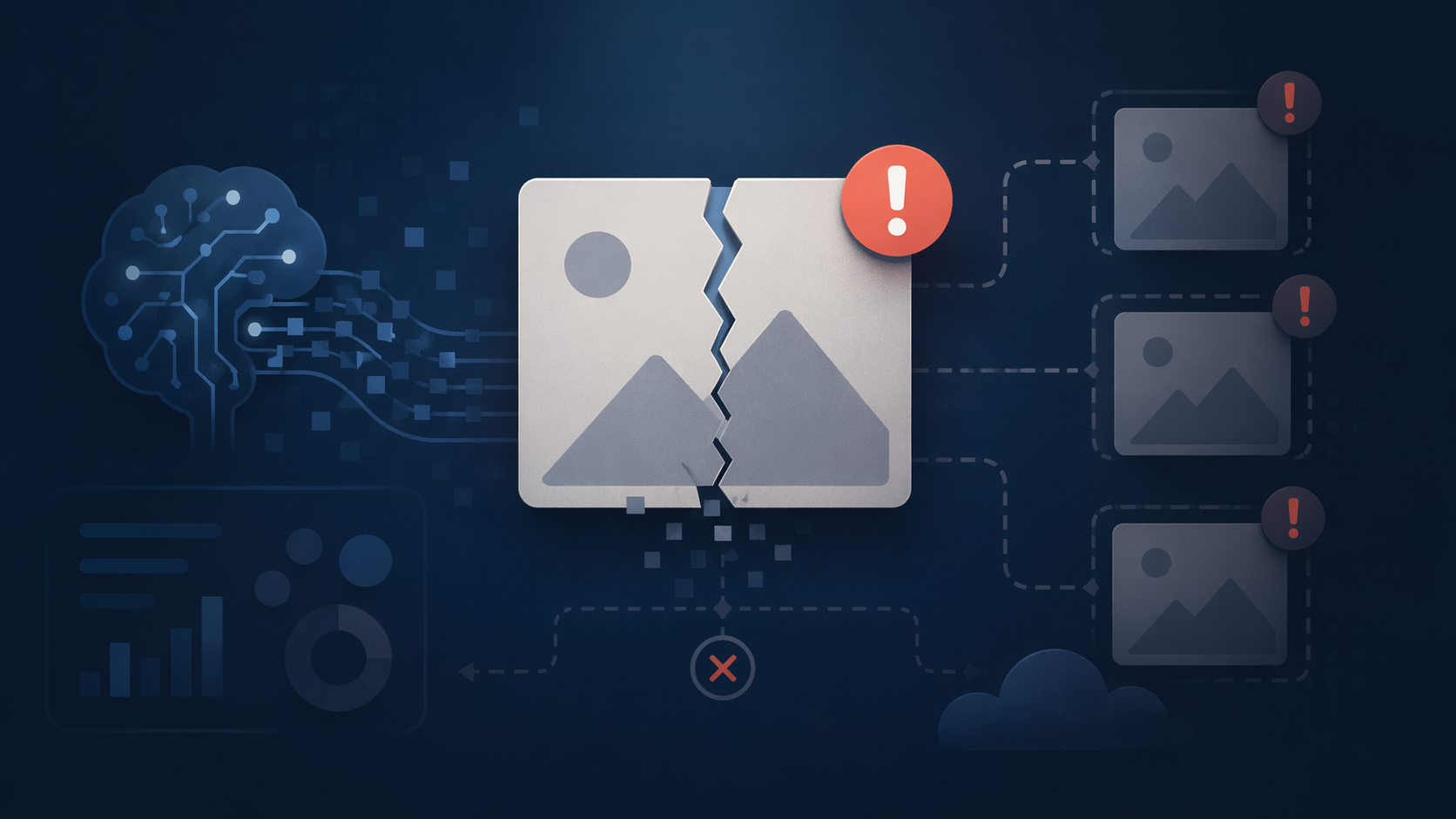 Concept d'erreur de flux de travail d'image IA abstrait sans texte lisible