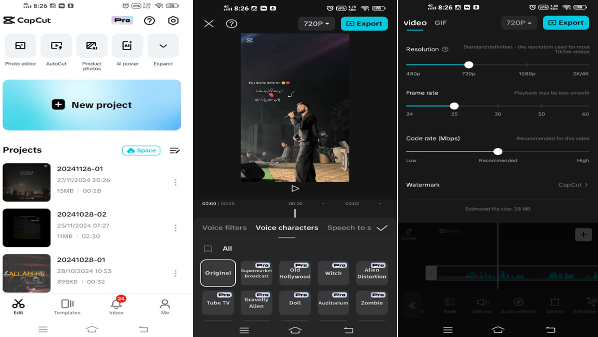 Interface of CapCut mobile app - an easy-to-use tool to adjust voice