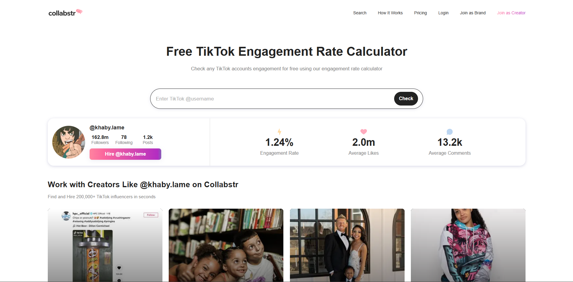 อินเทอร์เฟซของ Collabstr - เครื่องมือที่ใช้งานง่ายสำหรับการคำนวณอัตราการมีส่วนร่วมของ TikTok