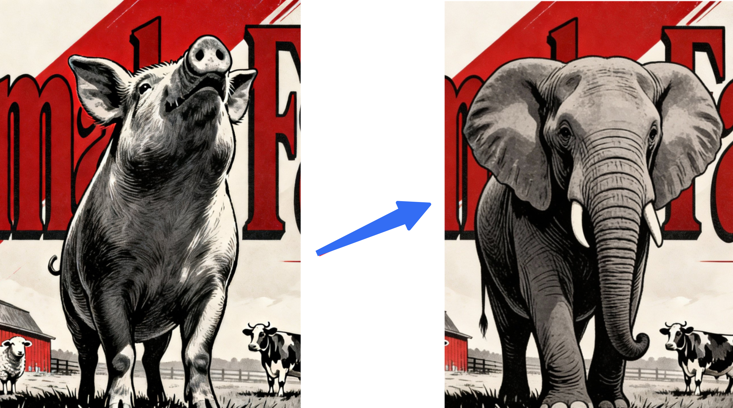 Cambiare l'animale nel poster della fattoria degli animali attraverso l'editing AI interattivo