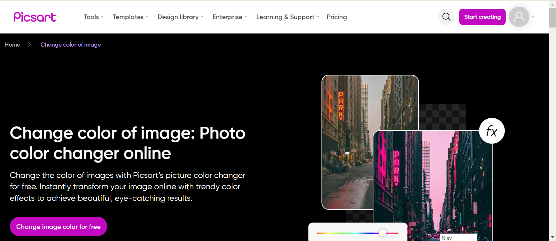 Picsart 's Bild Umfärbung Online-Seite
