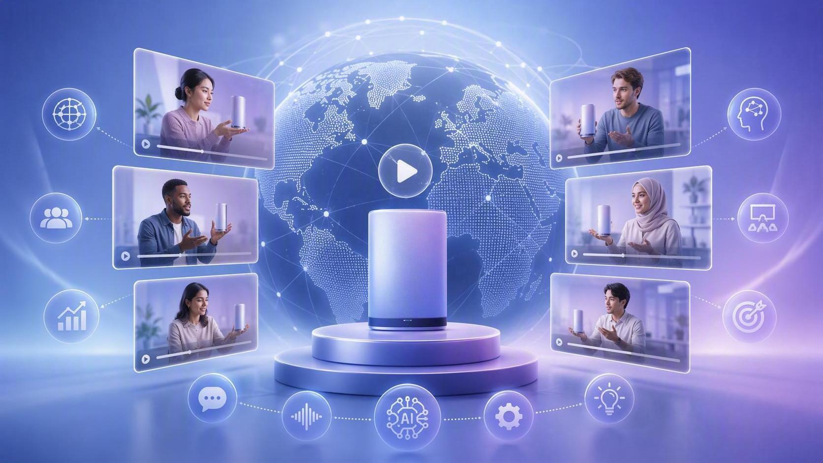 Global AI product explainer campaign visual with international launch motifs and product video frames.