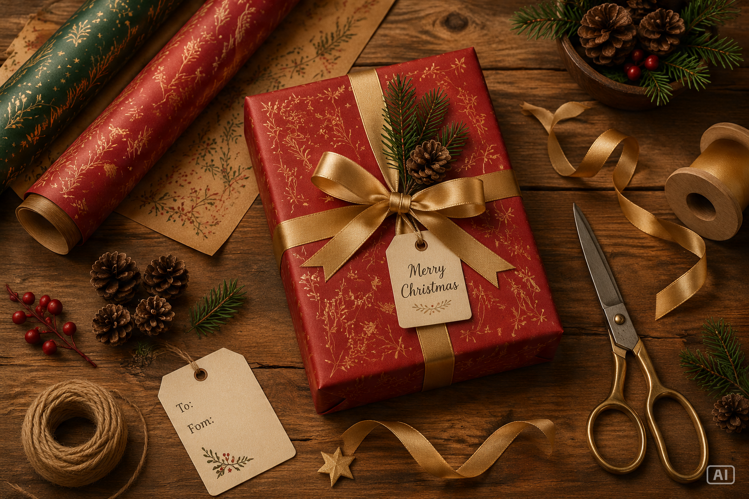Christmas gift wrapping still life generated by Pippit