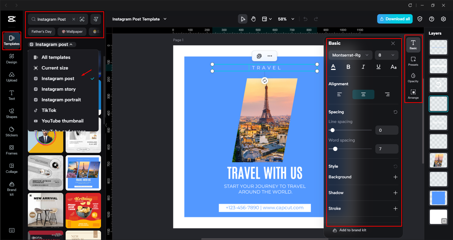 Bearbeiten einer Instagram-Post-Vorlage im CapCut Desktop-Video-Editor