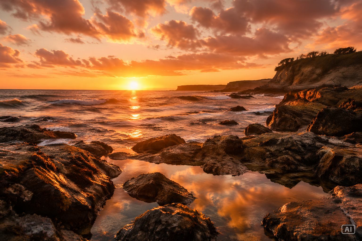 Rocky coastline sunset wallpaper generated by Pippit