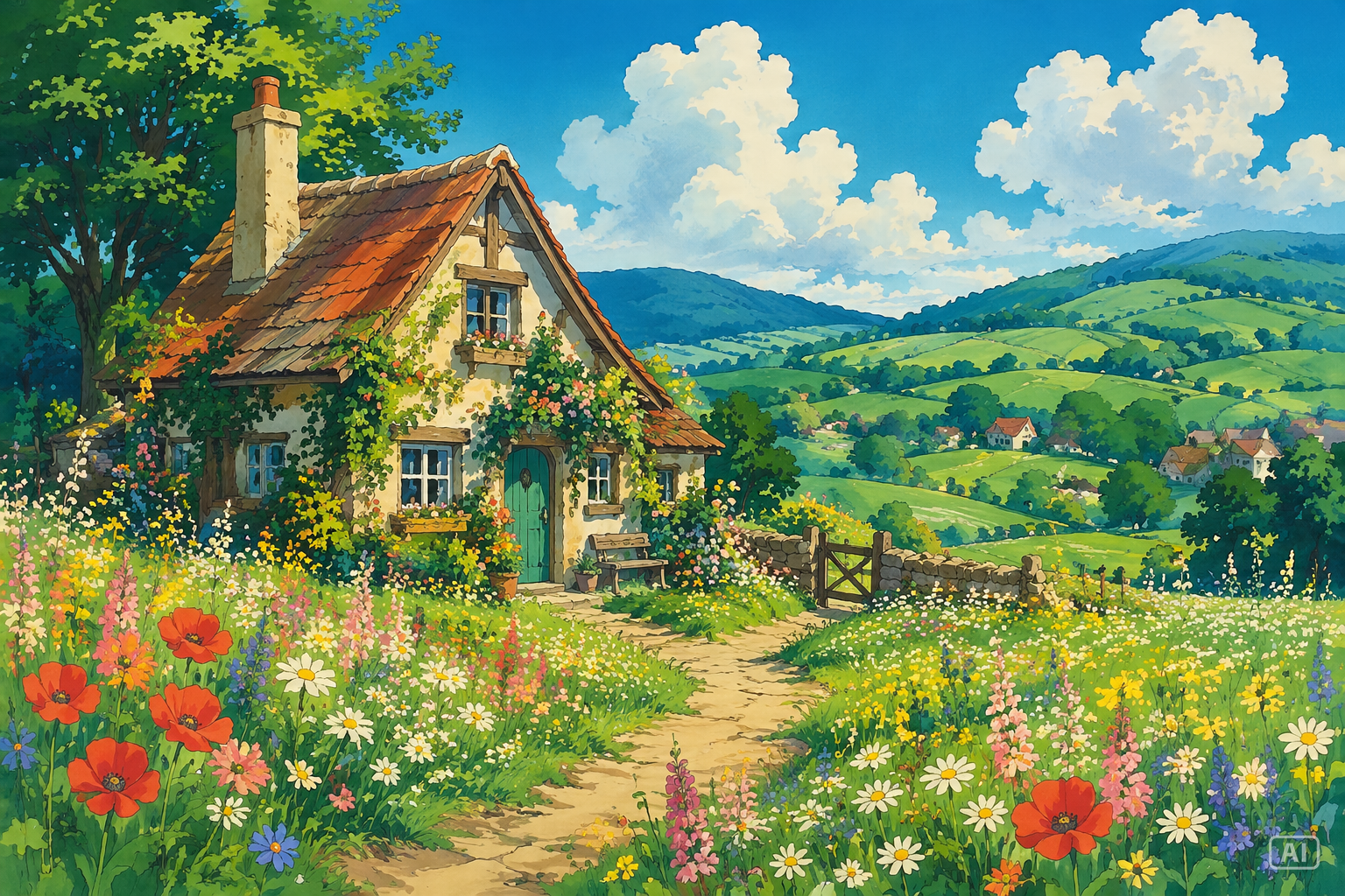 Watercolor Pastoral Anime style flower meadow cottage generated by Pippit