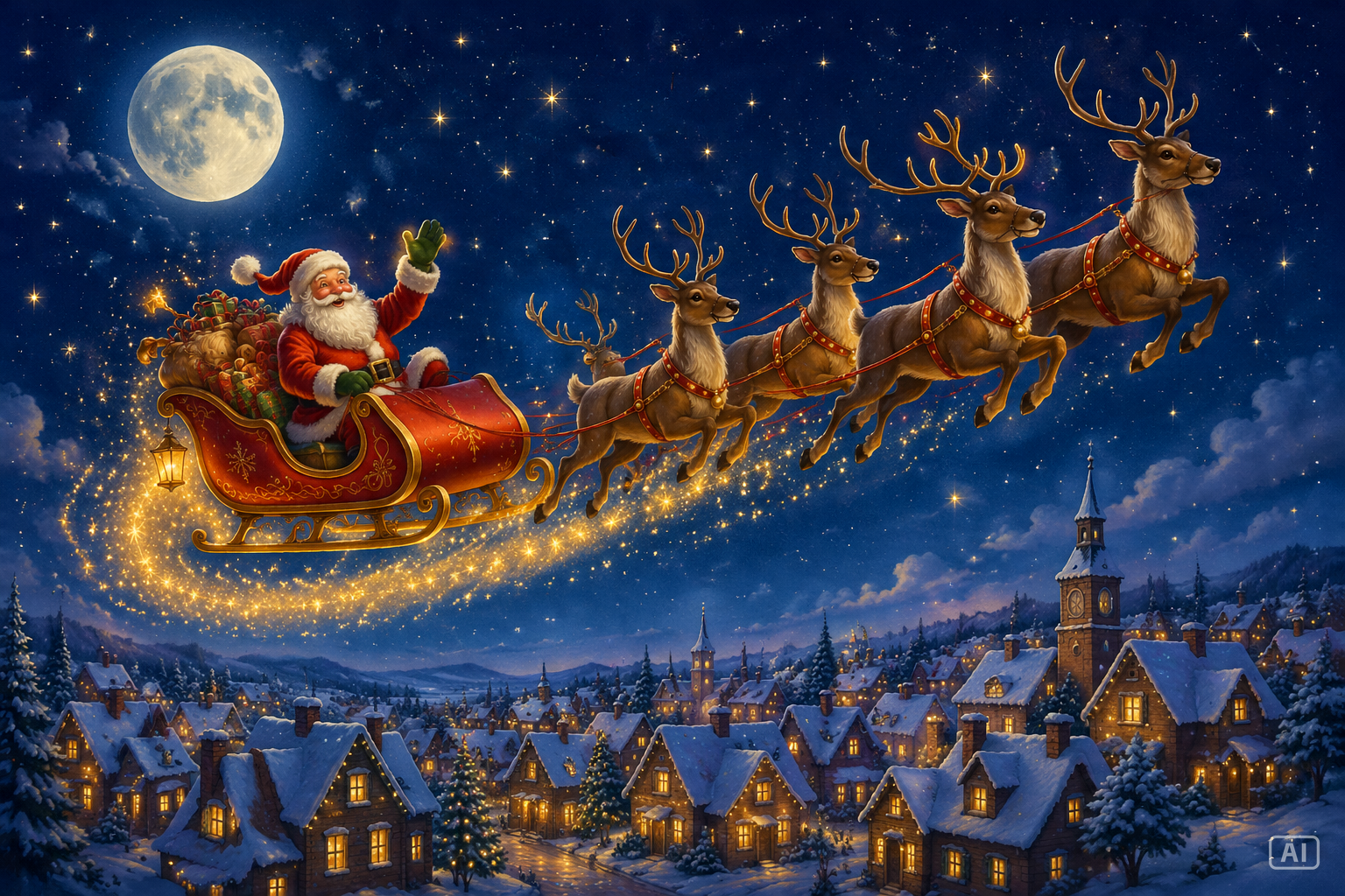 Reindeer sleigh night sky image generated by Pippit