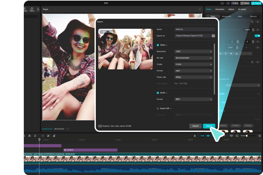 Exportarea videoclipului final din creatorul de videoclipuri pentru festival CapCut