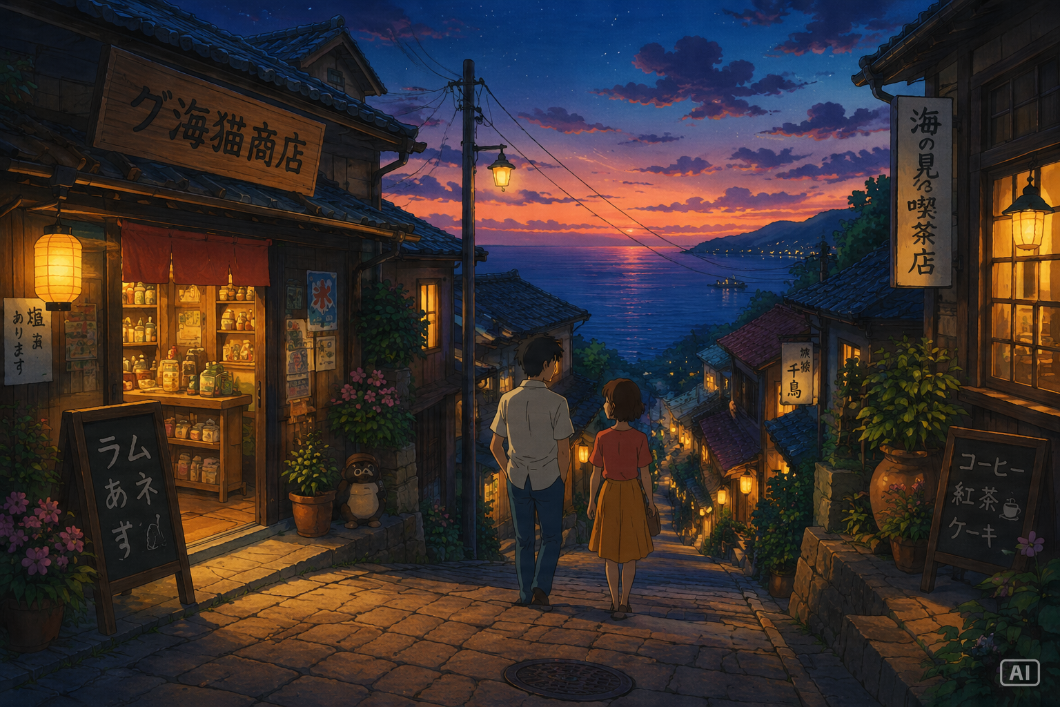 Watercolor Pastoral Anime style seaside town evening generated by Pippit