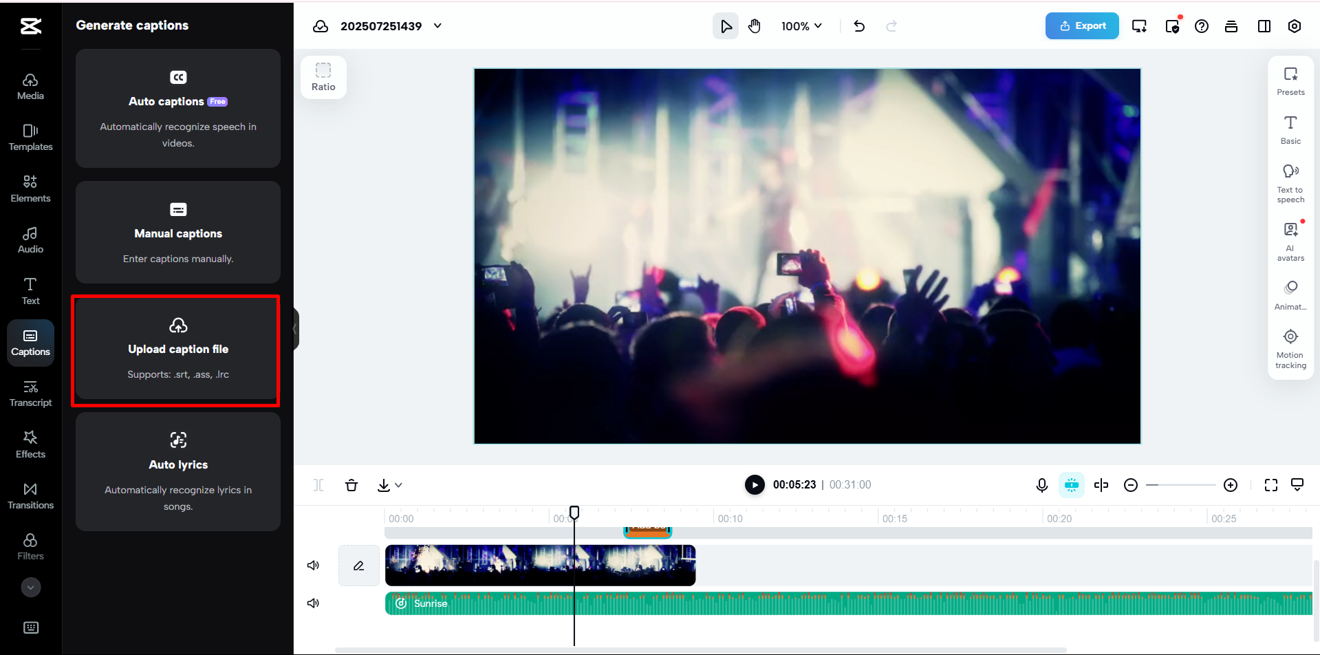 Carica i testi delle canzoni tramite ricerca per parola nell'editor video online di CapCut