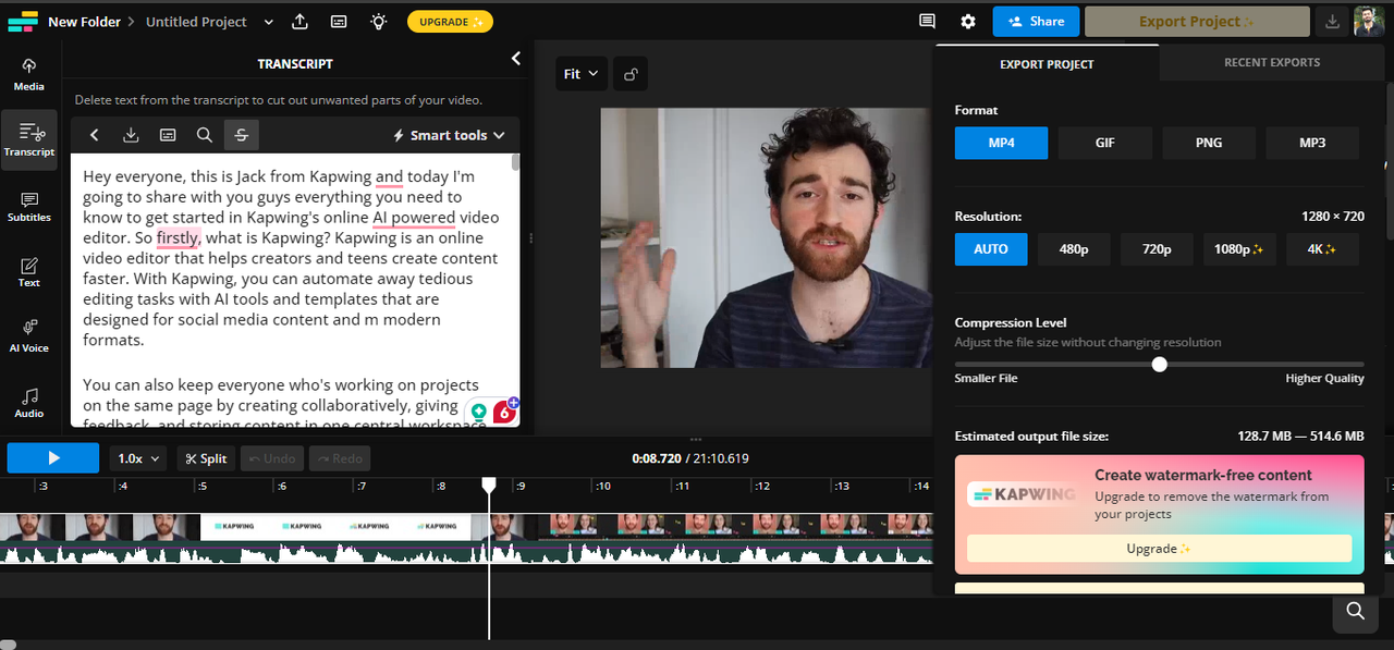 Interfaccia di Kapwing - un editor di clip video user-friendly e online