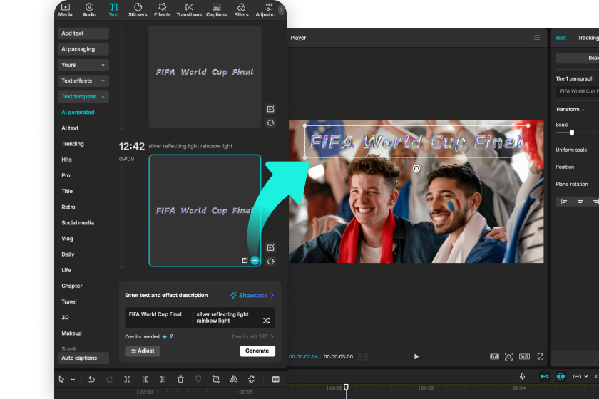 Inserimento del carattere nel video dopo la creazione dal CapCut generatore gratuito di parole online