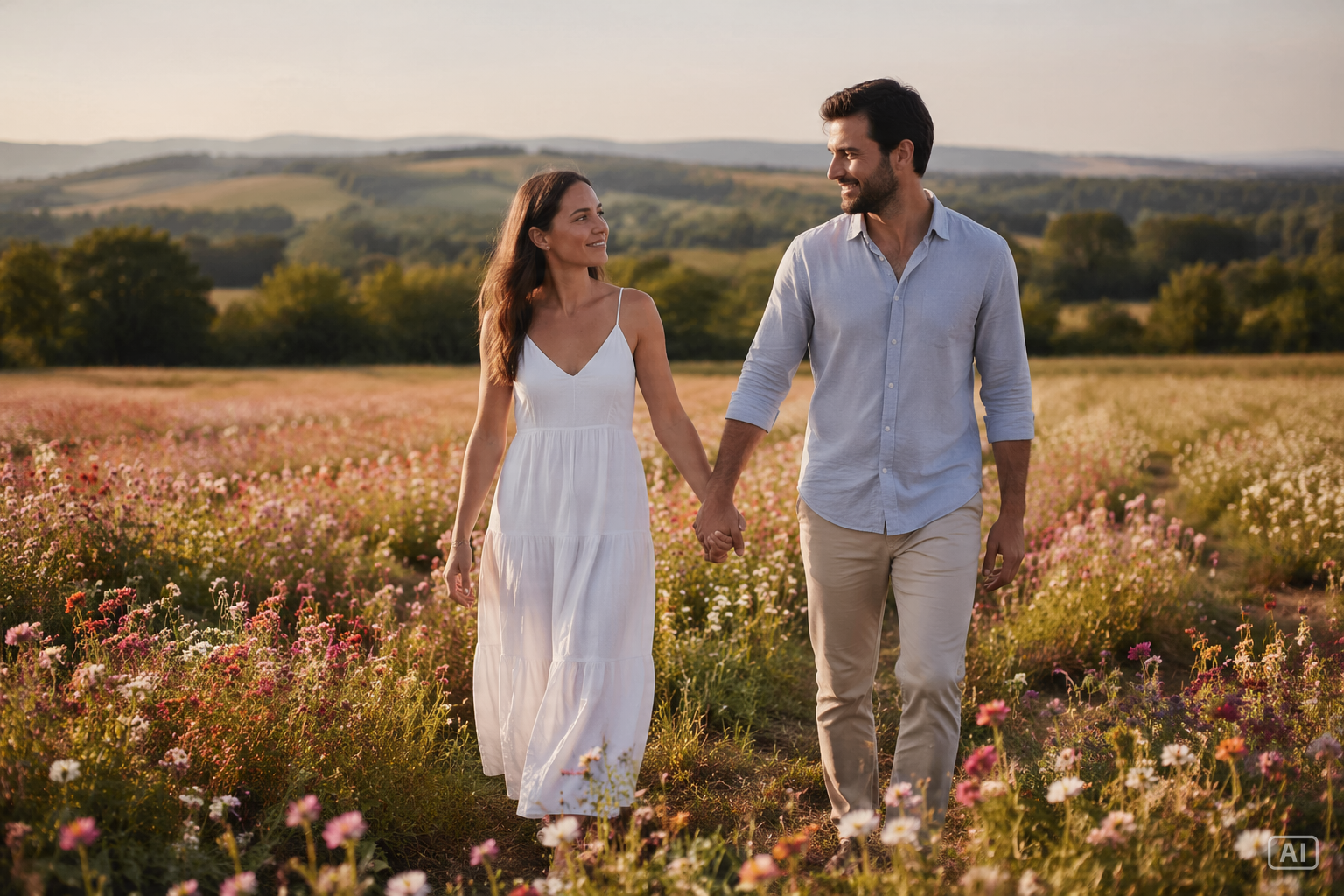 Couple in flower field image generated by Pippit