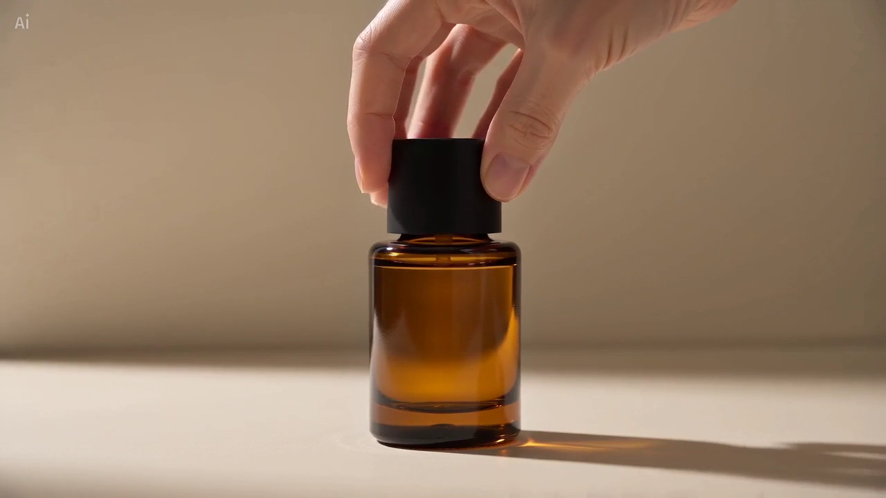 Action review frame of an amber bottle on a cream surface with one hand turning the black cap