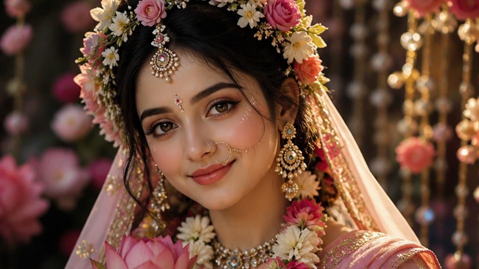 Prompt viral para Radha Rani Look oferece um retrato devocional de Radha Rani com adorno floral