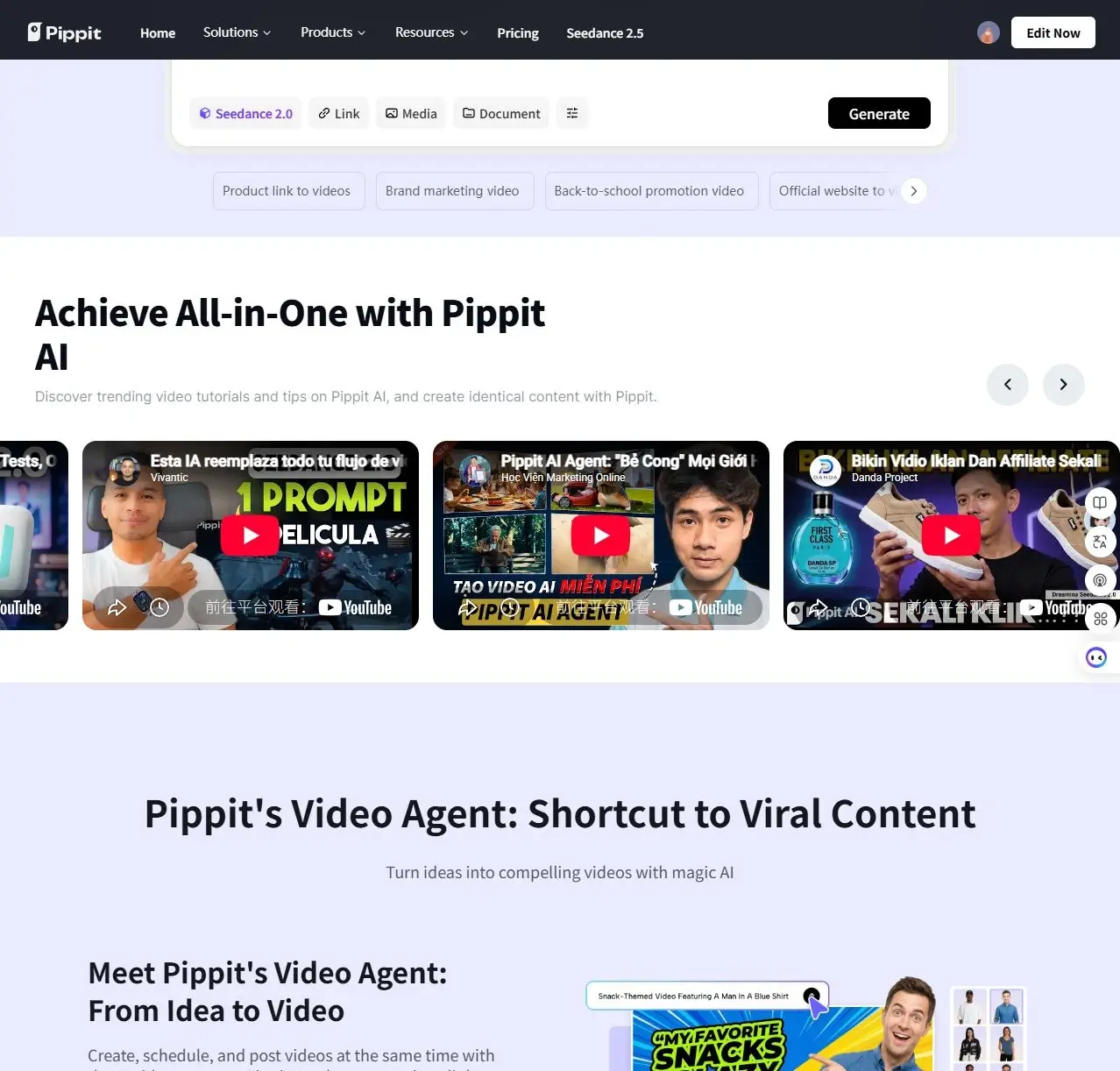 Laman web Pippit dengan seksyen ejen video AI, gambar kecil video, dan tajuk besar tentang kandungan viral