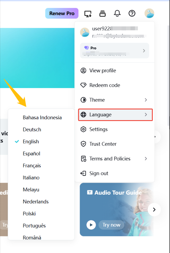 تبديل اللغات على CapCut Online