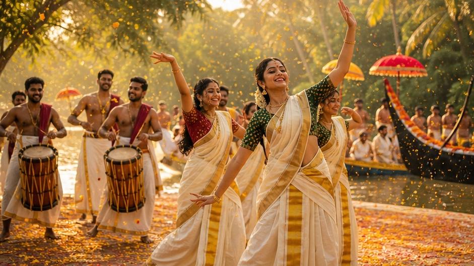 Golden-hour beach portrait of a fictional adult Onam Video Prompts