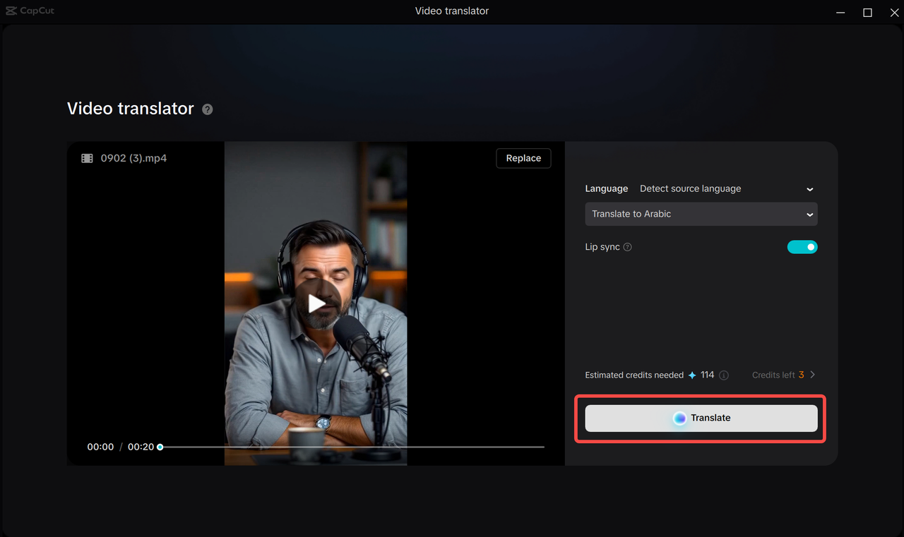 CapCut video translation dialog with separate source and target language selectors
