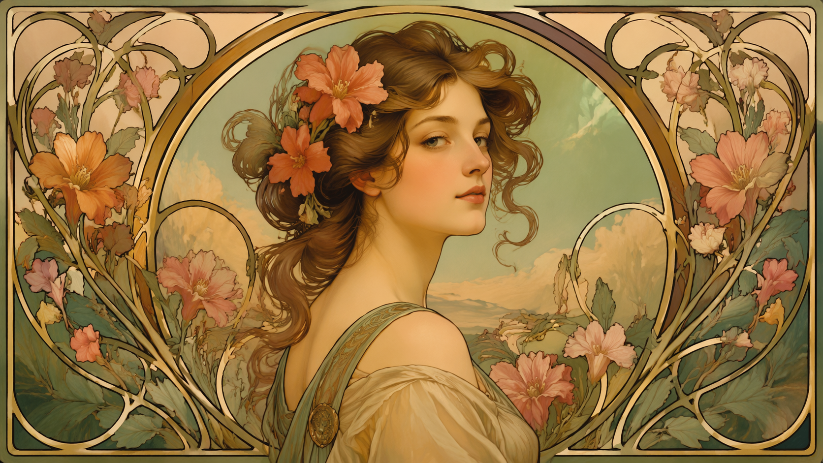 Dreamina art nouveau portrait prompt example 1: Flowing Floral Portrait