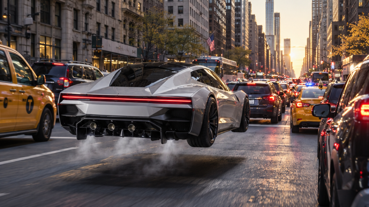 A silver-white angular new-generation Roadster hovering above Manhattan-style traffic, viewed from a rear three-quarter angle, yellow taxis on the road, low white vapor and a visible shadow