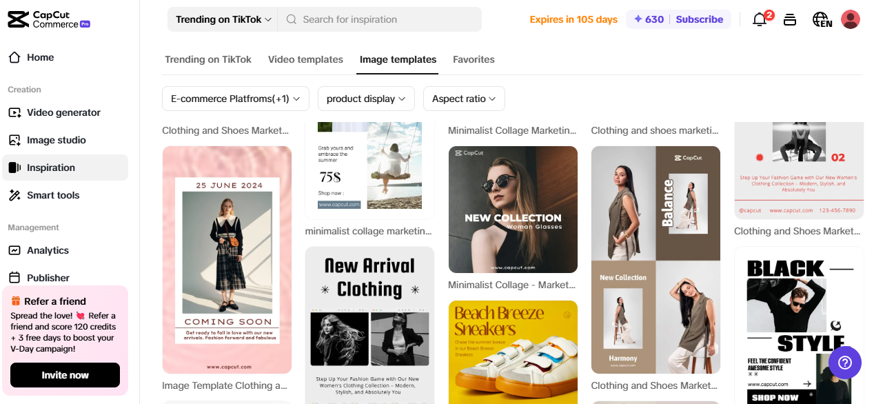 Antarmuka Pippit menampilkan template gambar untuk tampilan produk e-commerce, alat yang berguna untuk ide pekerjaan sampingan.