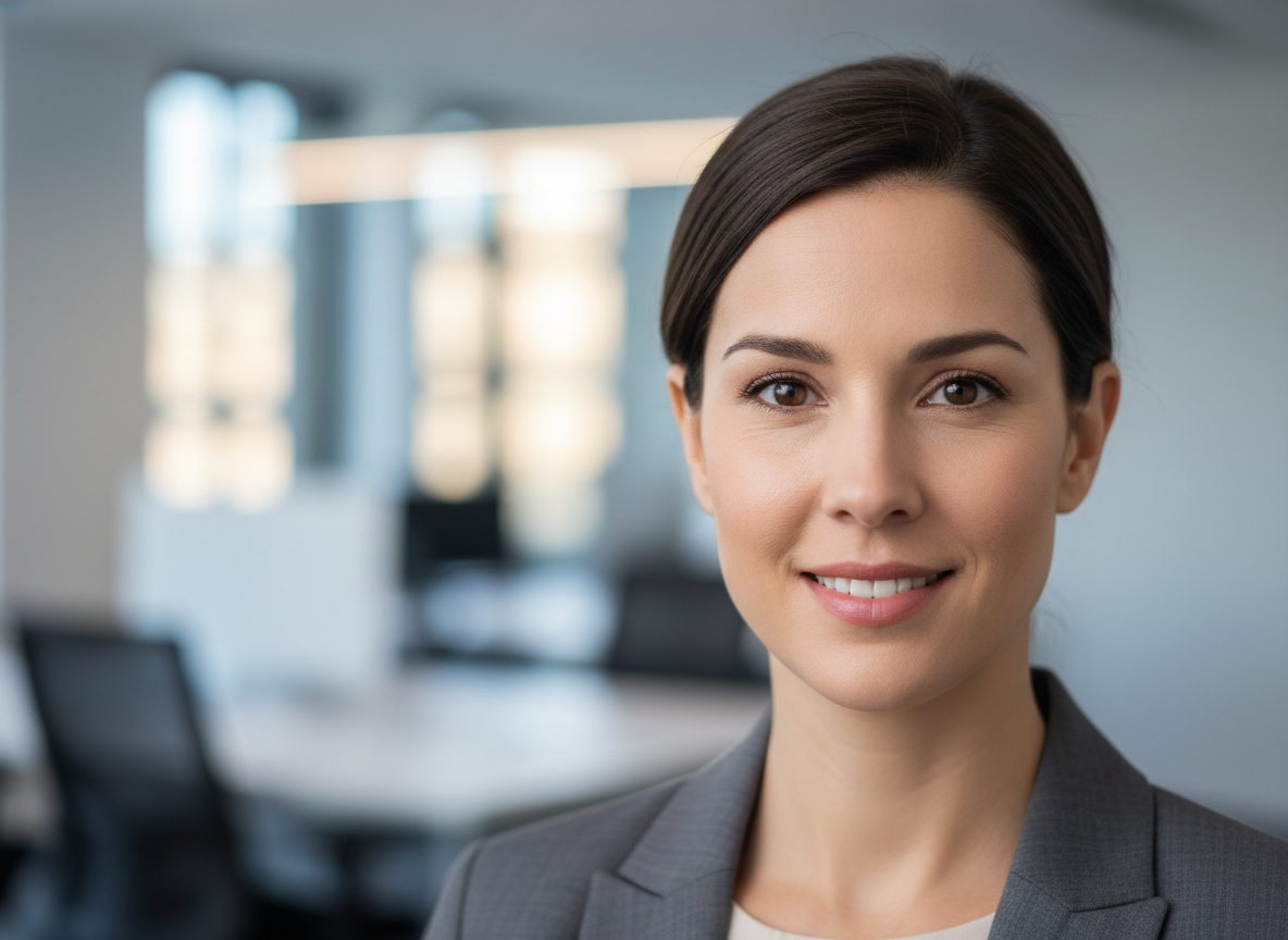 Professional email signature portrait with blurred office bokeh, face in sharp focus, natural skin tones.