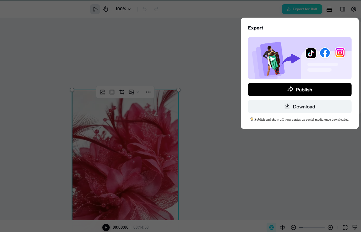 Set targeted platform size and export your vidoe in few clicks.