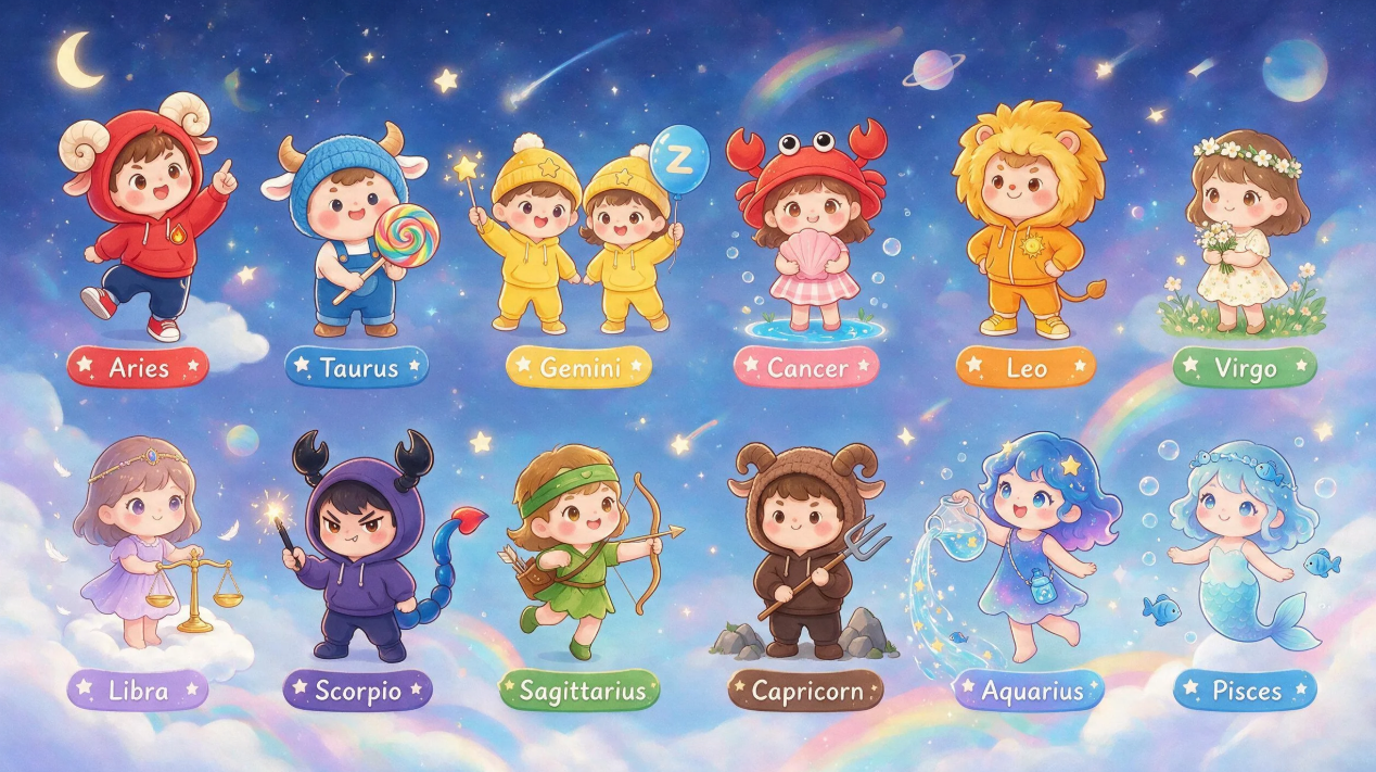 Prompt for zodiac sign cartoon characters