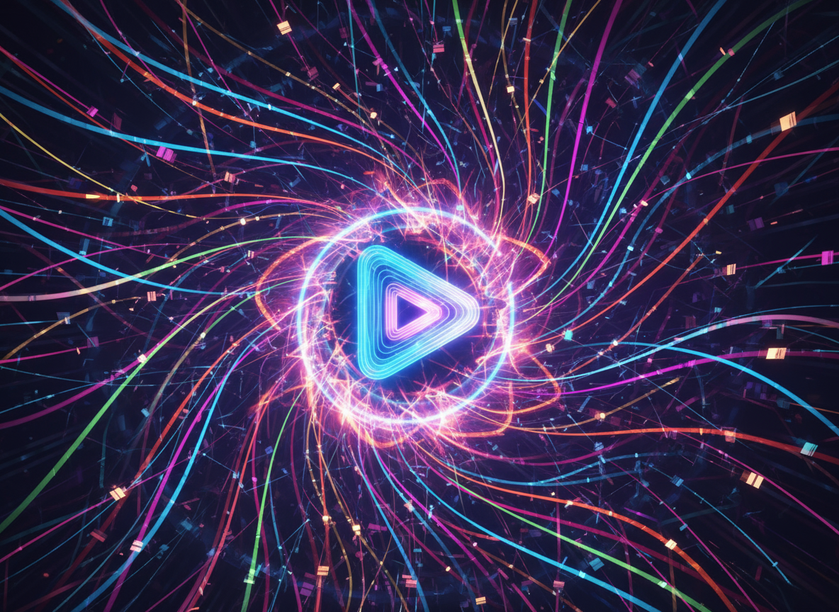 Yüksek internet hızlarını ve web için optimize edilmiş sorunsuz video akışını temsil eden, parlayan çizgiler ve oynatma düğmesi içeren soyut bir tasarım.