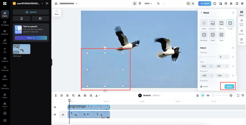 Empty circular mask moved into clear sky next to two birds during editing of the video frame