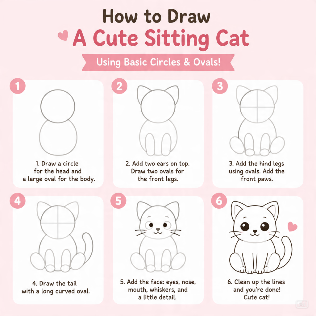 Sitting cat drawing guide generated by Pippit