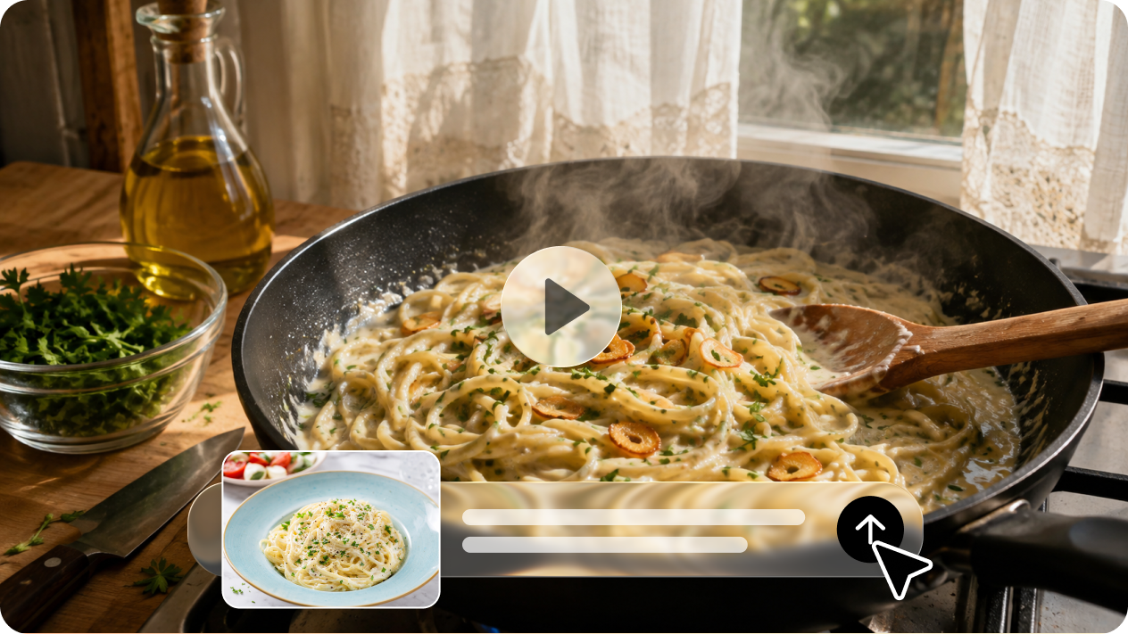 Generate long food footage from a script or dish photo