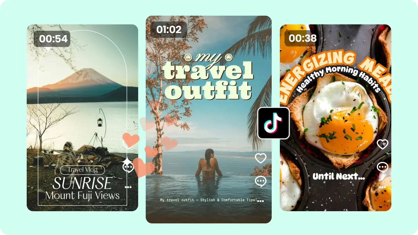 Three vertical TikTok videos with a TikTok logo and engagement icons