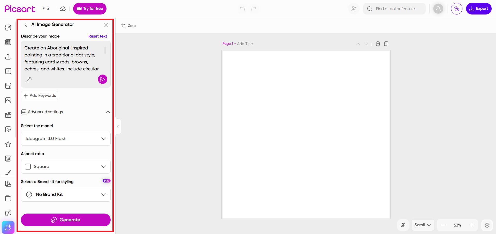 Enter your prompt and customize settings