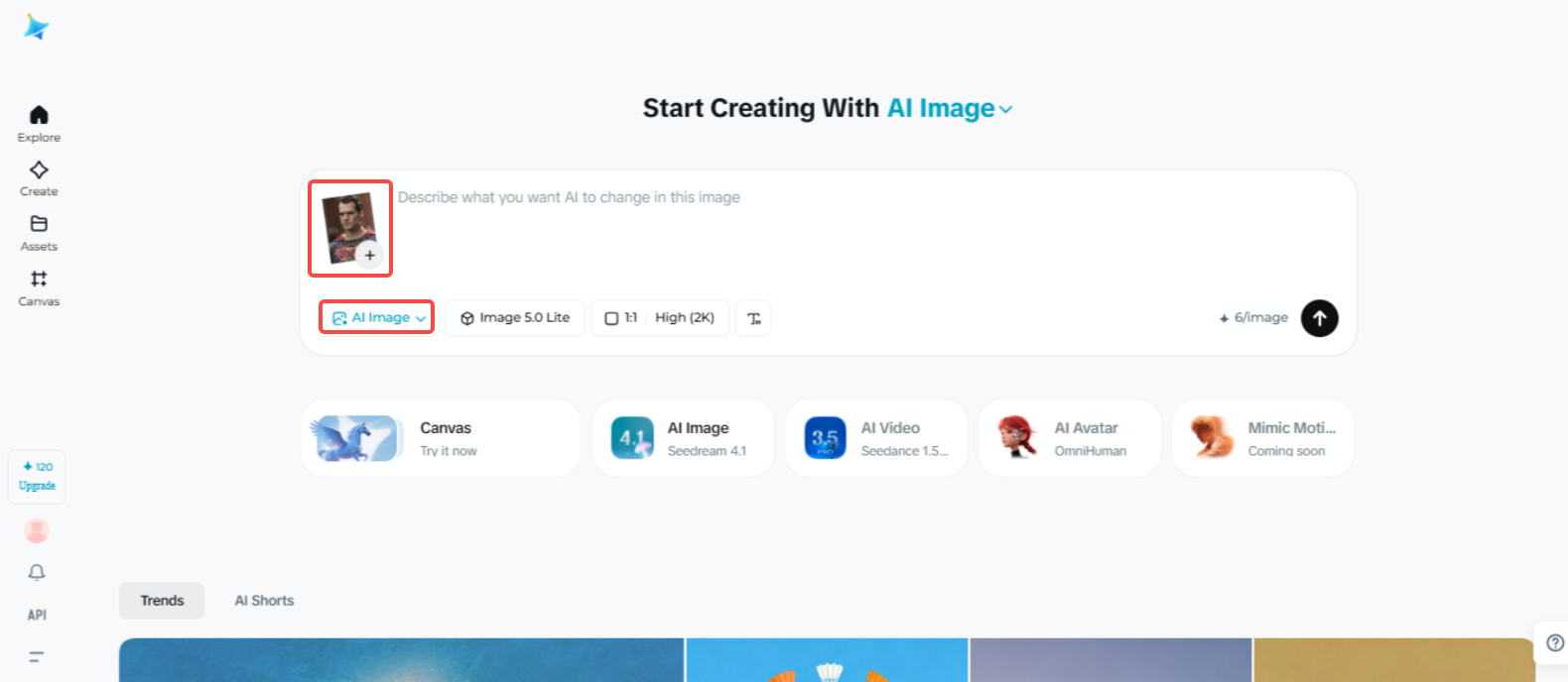 Accessing the "AI Image" feature in Dreamina
