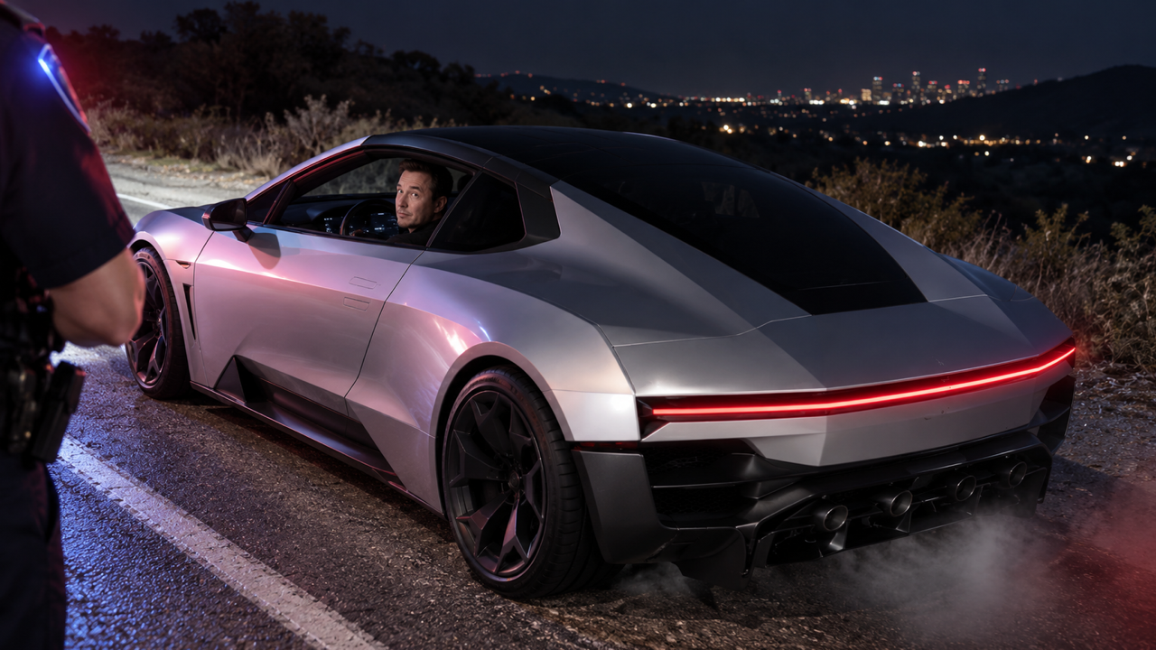 A human-height nighttime roadside view beside a stopped silver-white angular Roadster, a partial officer shoulder and forearm at the left edge, a deadpan adult driver through the window and faint white vapor under the rear