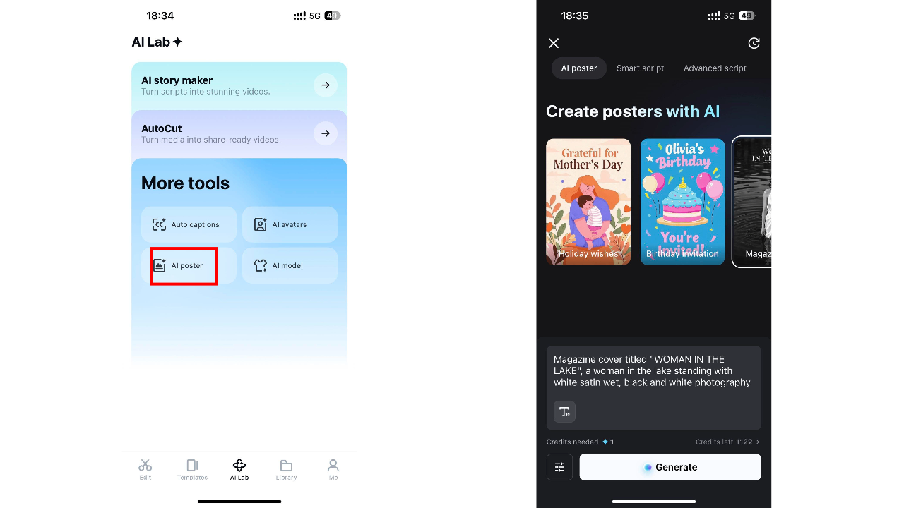 CapCut AI Lab entry point on mobile showing AI poster selection.